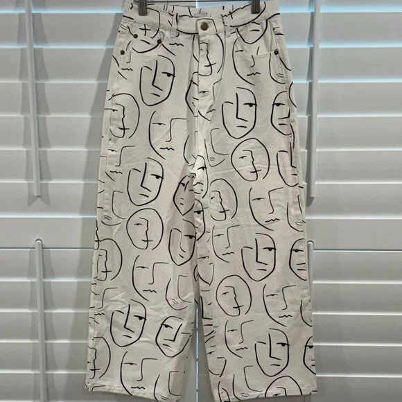 Shekou "Little Things" white denim jeans with a black abstract face print - Picture 2 of 8